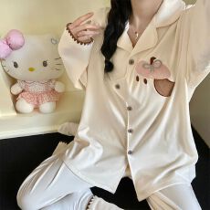 秋冬季新款睡衣女双面德绒长袖开衫翻领卡通家居服套装