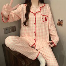 秋冬季新款睡衣女双面德绒长袖开衫翻领宽松家居服套装
