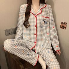 秋冬季新款睡衣女双面德绒长袖开衫翻领宽松家居服套装