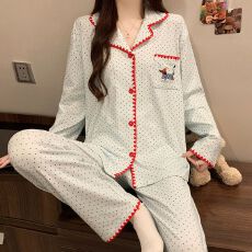 秋冬季新款睡衣女双面德绒长袖开衫翻领宽松家居服套装