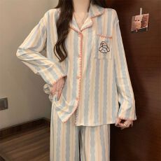 秋冬季新款睡衣女双面德绒长袖开衫翻领宽松家居服套装