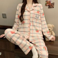 秋冬季新款睡衣女双面德绒长袖开衫翻领宽松家居服套装