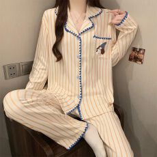 秋冬季新款睡衣女双面德绒长袖开衫翻领宽松家居服套装