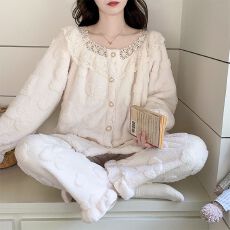 批发冬季新款提花加厚长毛绒睡衣女公主风甜美家居服套装 260克