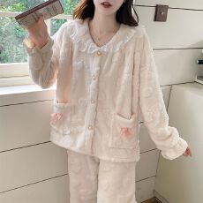 批发冬季新款提花加厚长毛绒睡衣女公主风甜美家居服套装 260克