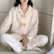 批发冬季新款提花加厚长毛绒睡衣女公主风甜美家居服套装 260克