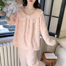 批发冬季新款提花加厚长毛绒睡衣女公主风甜美家居服套装 260克