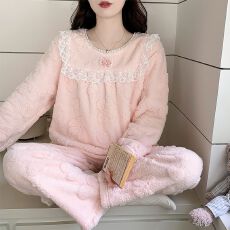 批发冬季新款提花加厚长毛绒睡衣女公主风甜美家居服套装 260克