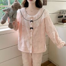 批发冬季新款提花加厚长毛绒睡衣女公主风甜美家居服套装 260克