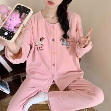 批发秋冬季新款慕斯羊绒睡衣女圆领开衫少女宽松长袖家居服套装