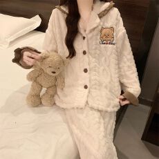批发冬季新款加厚长毛绒睡衣女开衫翻领少女甜美家居服套装