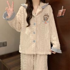 批发冬季新款加厚长毛绒睡衣女开衫翻领少女甜美家居服套装