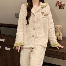 批发冬季新款加厚长毛绒睡衣女开衫翻领少女甜美家居服套装