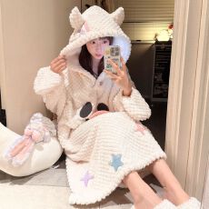 批发冬季新款睡裙半边绒少女甜美公主风长款睡袍家居服 260克
