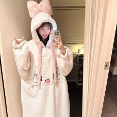 冬季新款睡裙长毛绒少女甜美带帽长款睡袍家居服 260克