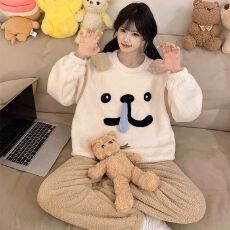 批发冬季新款<b class='q'>睡衣</b>女加厚半边绒卡通圆领休闲家居服套装 260克