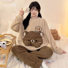 批发冬季新款<b class='q'>睡衣</b>女加厚半边绒卡通圆领休闲家居服套装 260克