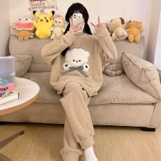 批发冬季新款<b class='q'>睡衣</b>女加厚半边绒卡通圆领休闲家居服套装 260克