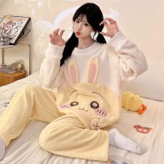 批发冬季新款<b class='q'>睡衣</b>女加厚半边绒卡通圆领休闲家居服套装 260克