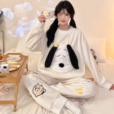 批发冬季新款<b class='q'>睡衣</b>女加厚半边绒卡通圆领休闲家居服套装 260克