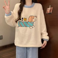 批发冬季新款睡衣女加厚半边绒卡通圆领休闲家居服套<b class='q'>装</b> 260克