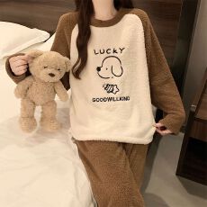 批发冬季新款睡衣女加厚半边绒卡通圆领休闲家居服套<b class='q'>装</b> 260克