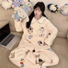 批发冬季新款睡衣女加厚半边绒开衫娃娃领甜美家居服套<b class='q'>装</b> 260克