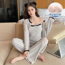 批发春秋季彩绵羊绒220克吊带长裤外套<b class='q'>三件套</b> 带固定胸垫套装