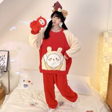 批发冬季<b class='q'>新款</b>睡衣女加厚长毛绒卡通圆领休闲家居服套装 260克