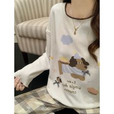 批发秋冬季新款慕斯羊绒睡衣女圆领休闲少女宽松长袖家居服套装