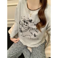 批发秋冬季新款慕斯羊绒睡衣女圆领休闲少女宽松长袖家居服套装