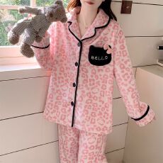 批发冬季新款<b class='q'>睡衣</b>女加厚法兰绒开衫翻领甜美家居服套装 260克