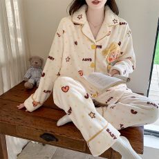 批发冬季新款<b class='q'>睡衣</b>女加厚法兰绒开衫翻领甜美家居服套装 260克