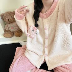 批发冬季新款<b class='q'>睡衣</b>女加厚半边绒开衫圆领甜美家居服套装 260克