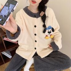 批发冬季新款<b class='q'>睡衣</b>女加厚半边绒开衫圆领甜美家居服套装 260克