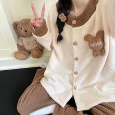 批发冬季新款<b class='q'>睡衣</b>女加厚半边绒开衫圆领甜美家居服套装 260克