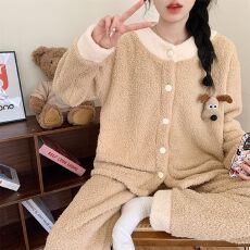 批发冬季新款<b class='q'>睡衣</b>女加厚半边绒开衫圆领甜美家居服套装 260克