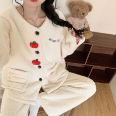 批发冬季新款<b class='q'>睡衣</b>女加厚半边绒开衫圆领甜美家居服套装 260克