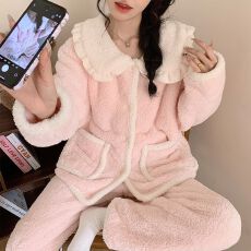 批发冬季新款<b class='q'>睡衣</b>女加厚半边绒开衫娃娃领甜美家居服套装 260克