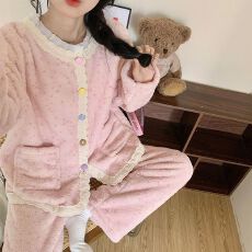 批发冬季新款<b class='q'>睡衣</b>女加厚半边绒开衫圆领甜美家居服套装 280克