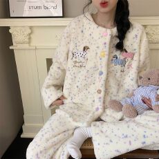 批发冬季新款<b class='q'>睡衣</b>女加厚半边绒开衫圆领甜美家居服套装 280克