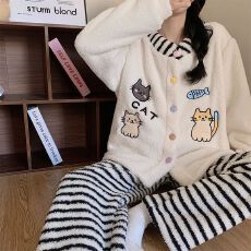 批发冬季新款<b class='q'>睡衣</b>女加厚半边绒开衫圆领甜美家居服套装 280克