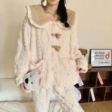 批发冬季新款<b class='q'>睡衣</b>女长毛绒开衫娃娃领甜美少女家居服套装 260克