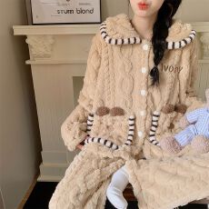 批发冬季新款<b class='q'>睡衣</b>女长毛绒开衫娃娃领甜美少女家居服套装 260克