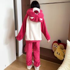 批发冬季新款半边绒<b class='q'>睡衣</b>女可爱卡通套头连帽家居服套装 260克