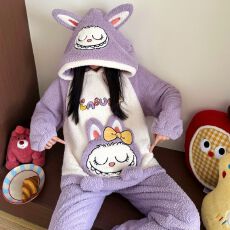 批发冬季新款半边绒<b class='q'>睡衣</b>女可爱卡通套头连帽家居服套装 260克