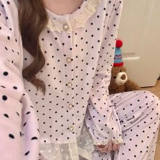 批发冬季新款加厚海岛绒<b class='q'>睡衣</b>女开衫圆领少女宽松<b class='q'>长袖</b>家居服套装