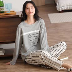 批发春季纯棉圆领长袖<b class='q'>长裤</b>睡衣<b class='q'>女</b>士套装休闲保暖家居服