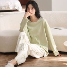 批发春季纯棉圆领长袖<b class='q'>长裤</b>睡衣<b class='q'>女</b>士套装休闲保暖家居服