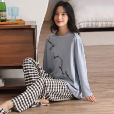 批发春季纯棉圆领长袖<b class='q'>长裤</b>睡衣<b class='q'>女</b>士套装休闲保暖家居服